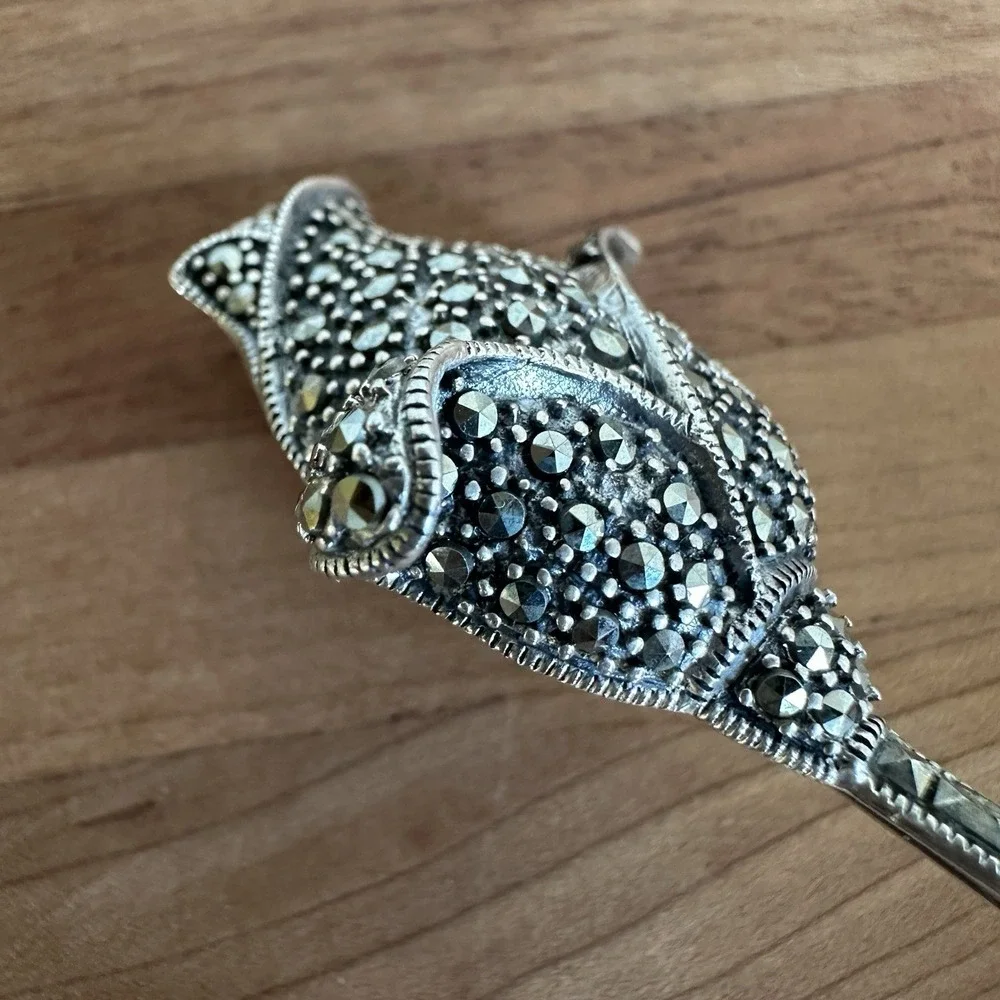 VTG Sterling Silver 925 Marcasite Rose Tulip Flower Brooch 3 Inch 11.3g Deco MCM